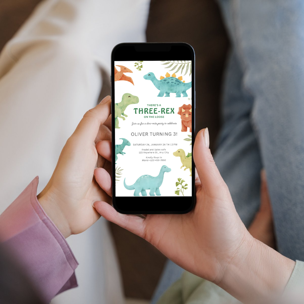 Three Rex Birthday Invitation with cute T-Rex illustration for a 3rd birthday party