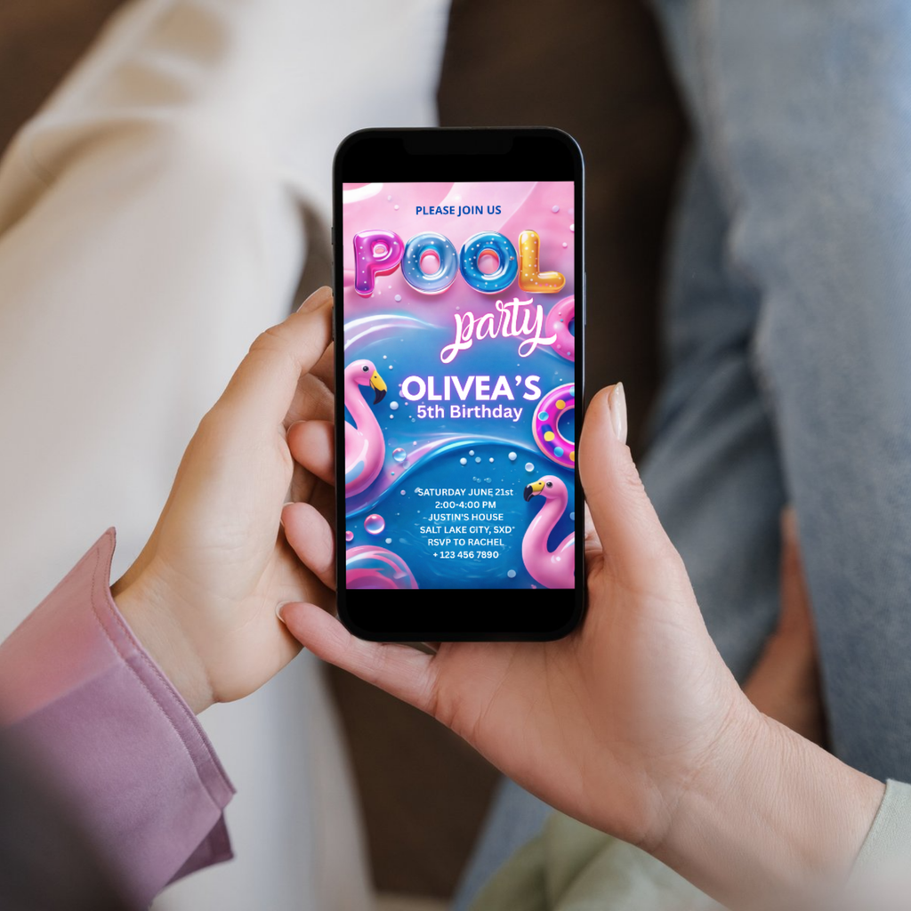 Flamingo themed Pool Party Invitation with pink and teal design