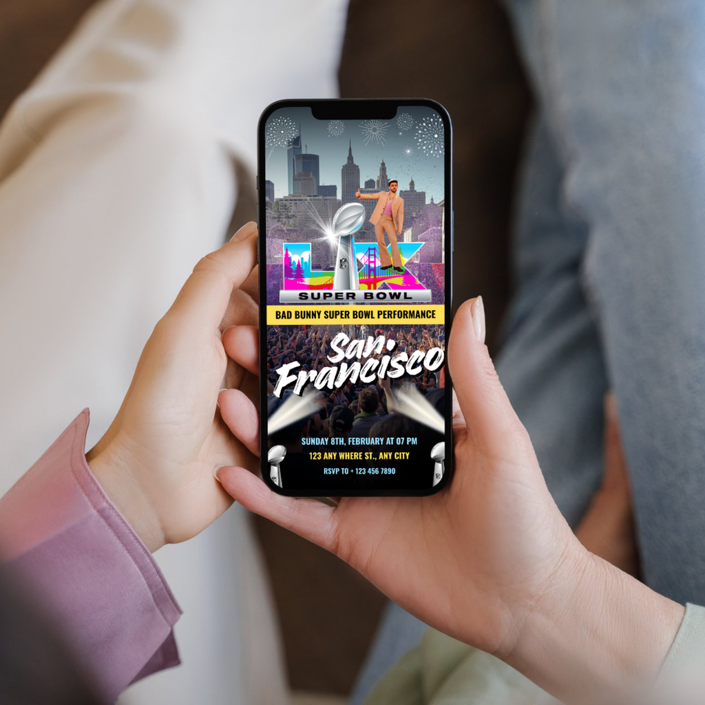 Trendy 2026 Bad Bunny Super Bowl party invitation with modern typography