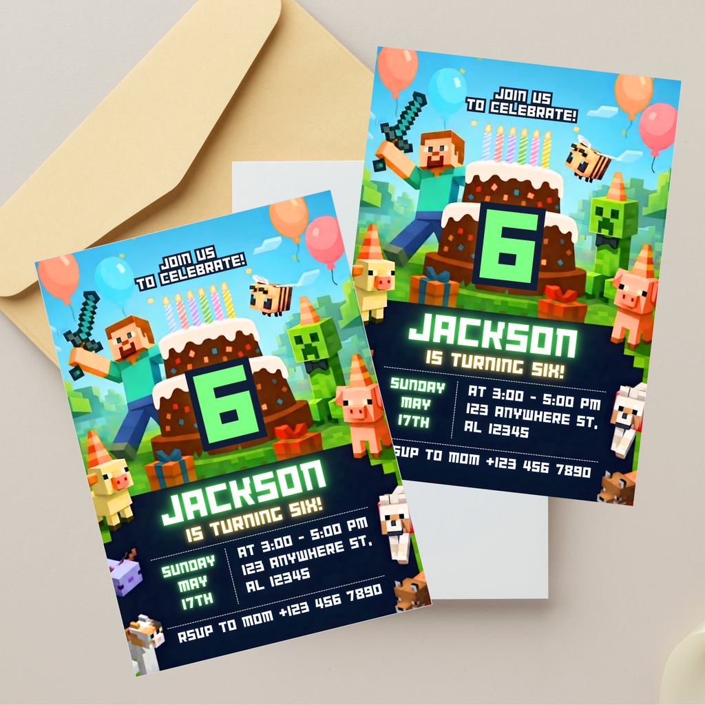 Kids gamer birthday invitation with pixel blocks