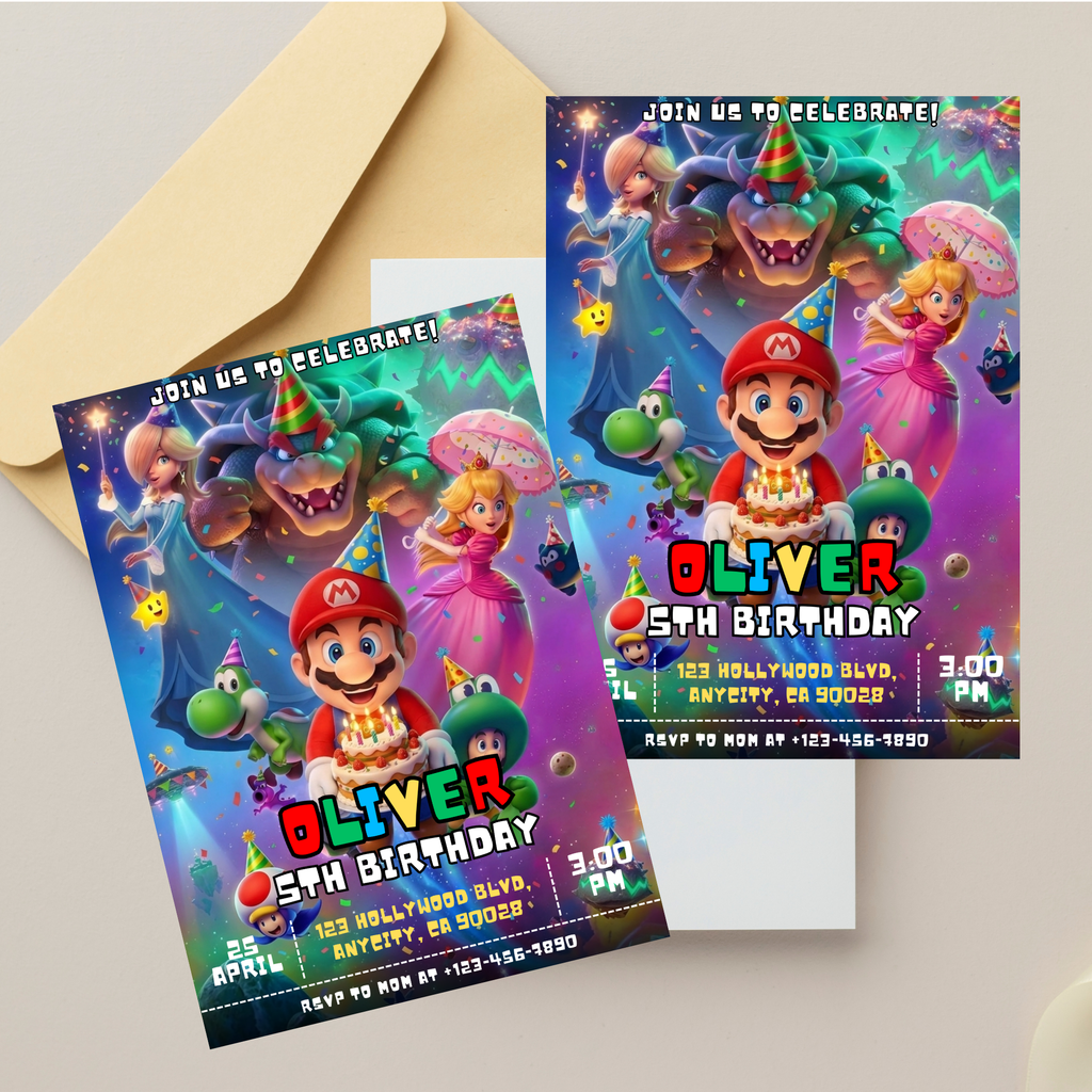 Mario galaxy Canva invitation template customizable