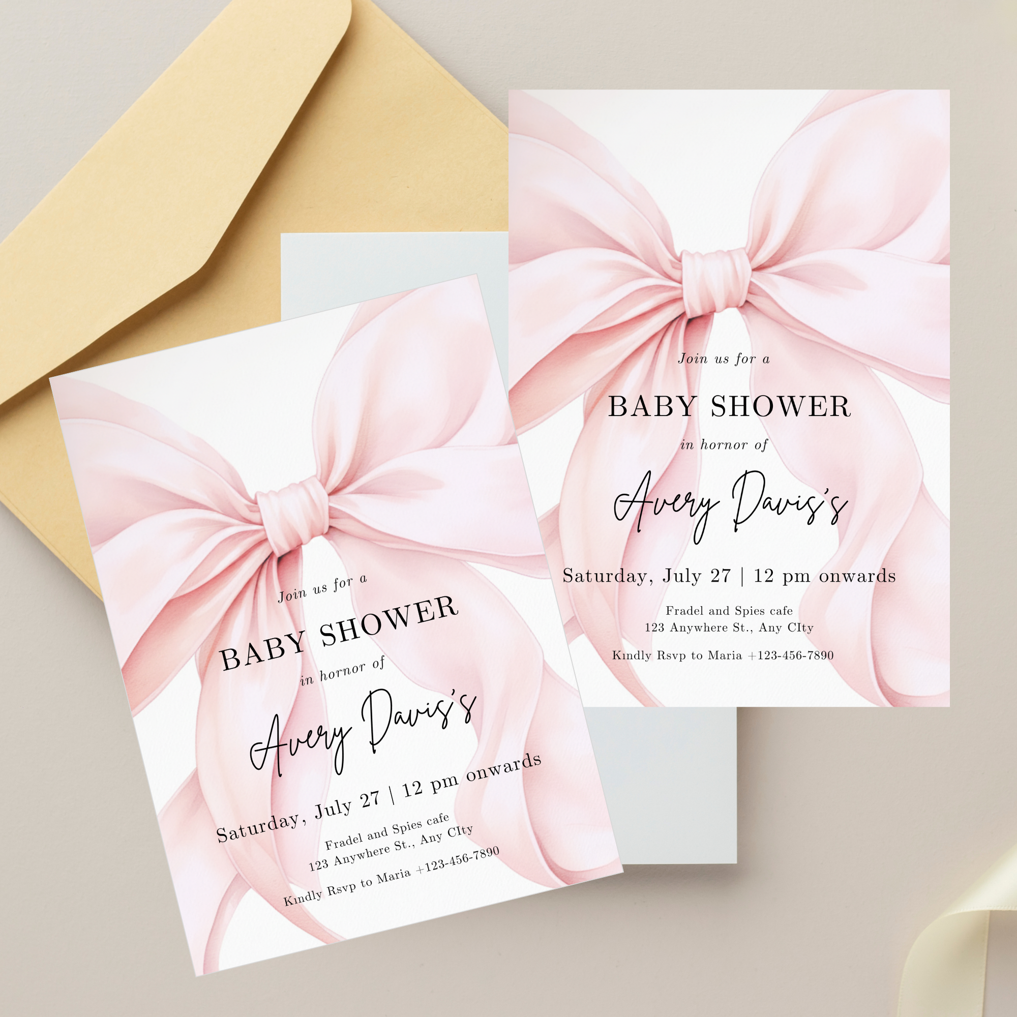 Blush Pink Bow Baby Shower Invitation Template with soft pink background and elegant bow design