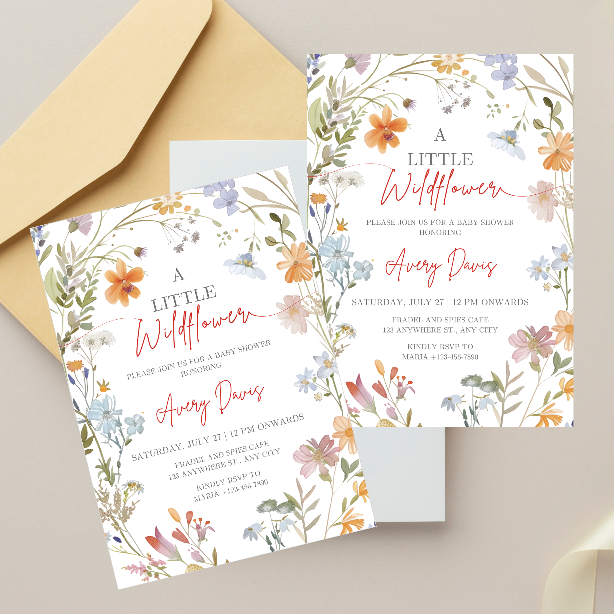 A Little Wildflower Baby Shower Invitation with soft watercolor flowers and greenery
