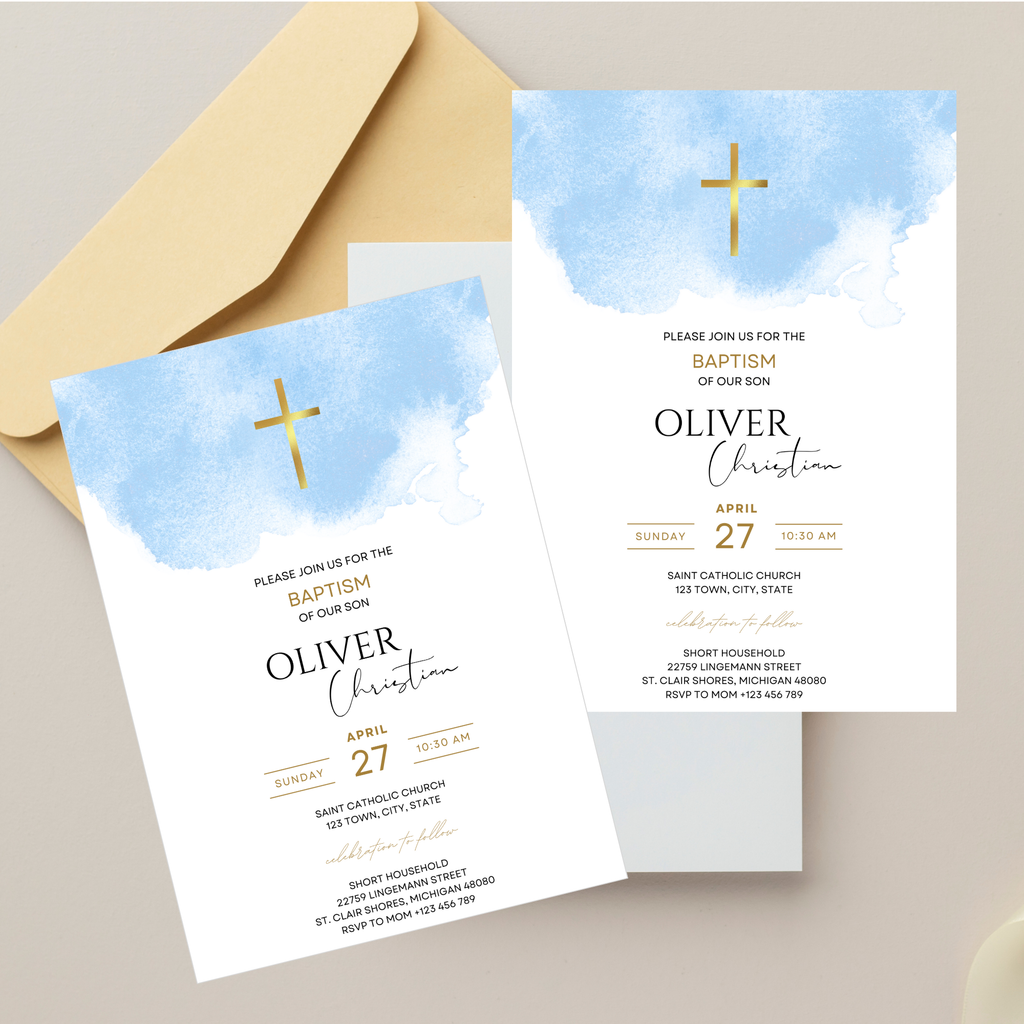 Boy baptism invitation with blue cross and elegant typography