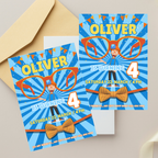 Kids Blippi party invitation with glasses bow tie design