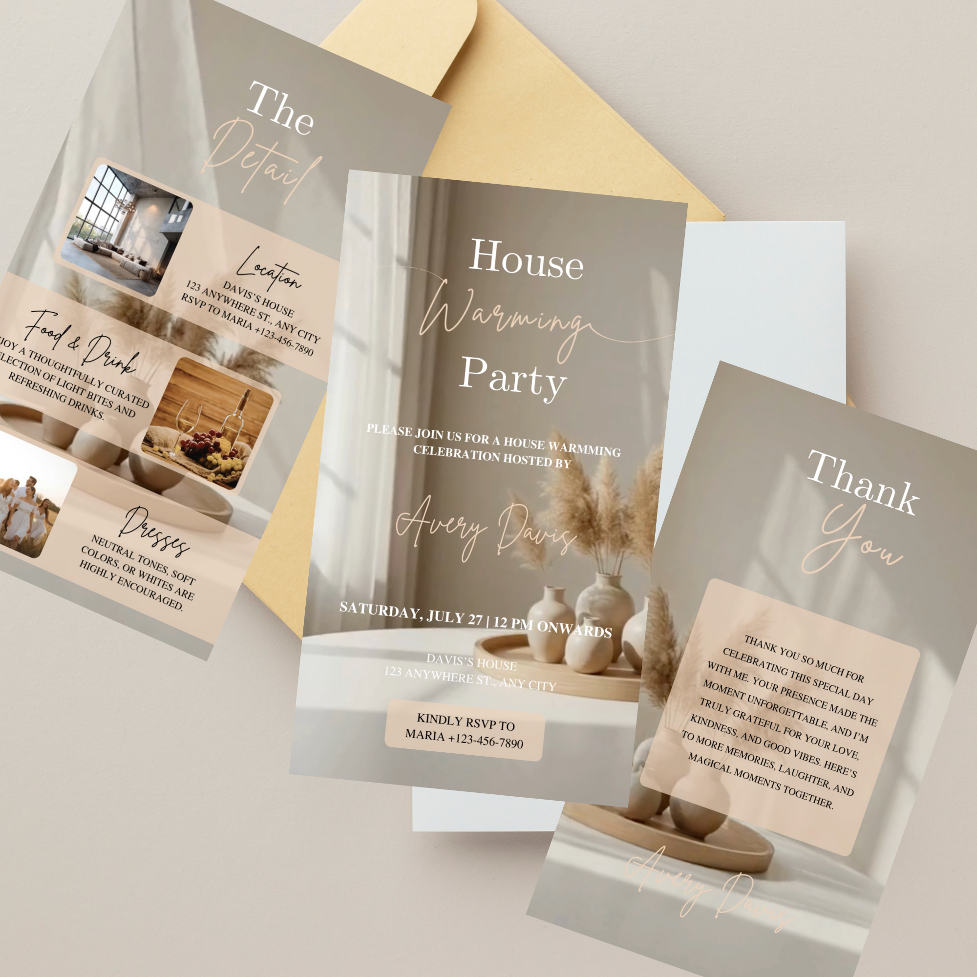 Housewarming party invitation template with clean modern layout and neutral colors