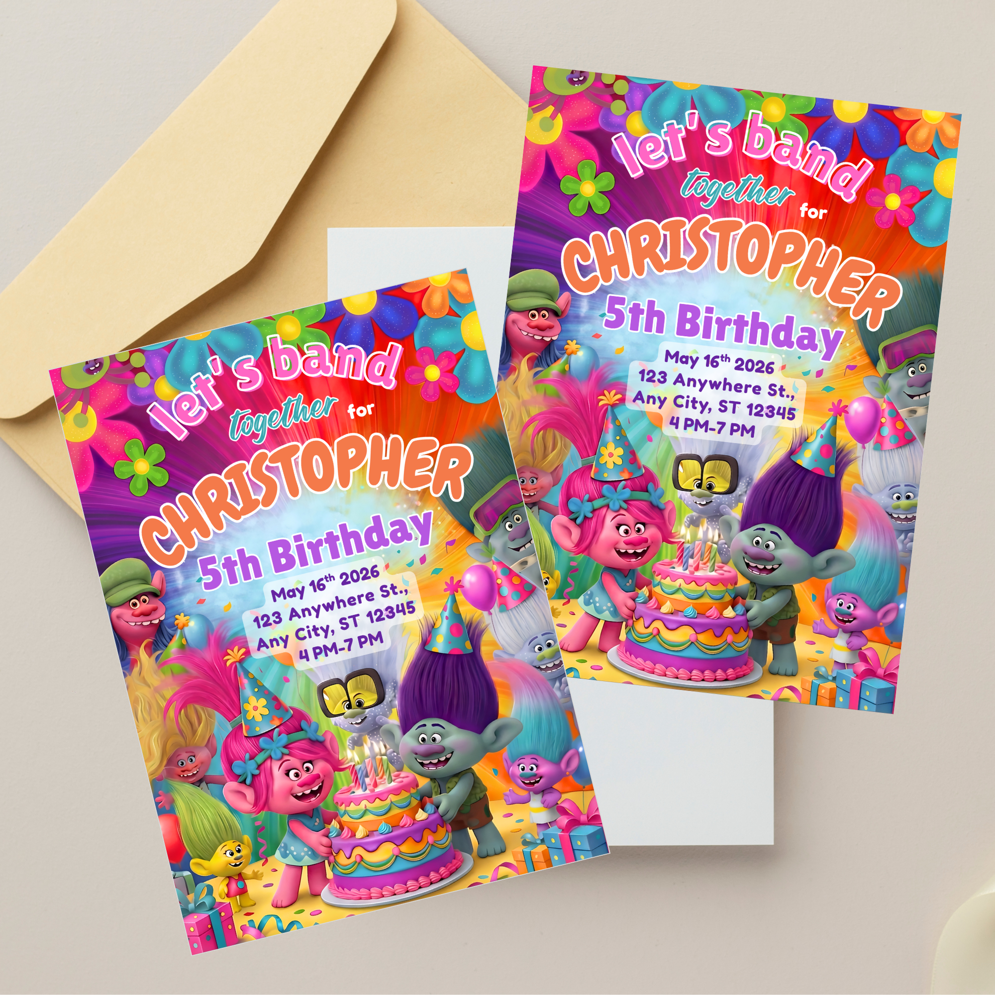 Rainbow trolls party invitation printable design