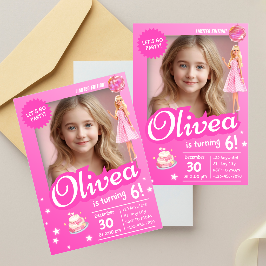 Barbie invitation template in pink glam style with editable text layout for a Barbie themed birthday party