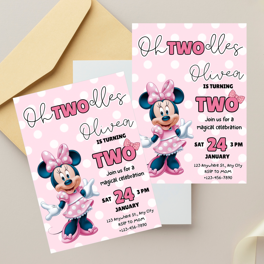 Oh Twodles birthday invitation with cute mouse character, pink bow and polka dot theme