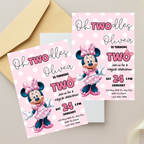 Oh Twodles birthday invitation with cute mouse character, pink bow and polka dot theme