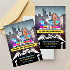 2026 Bad Bunny Super Bowl party invitation featuring neon colors, Latin urban music vibe, and bold typography