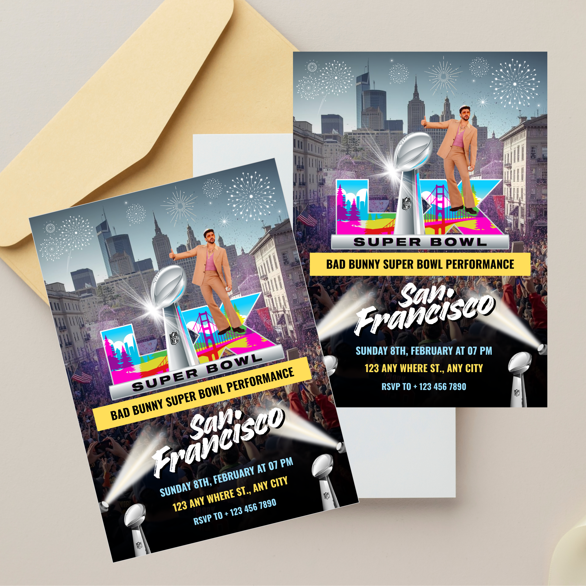 2026 Bad Bunny Super Bowl party invitation featuring neon colors, Latin urban music vibe, and bold typography