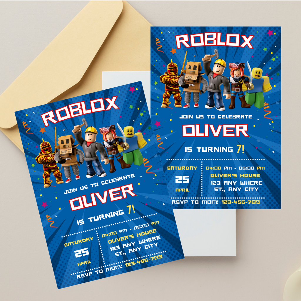Colorful Roblox avatar birthday invitation template