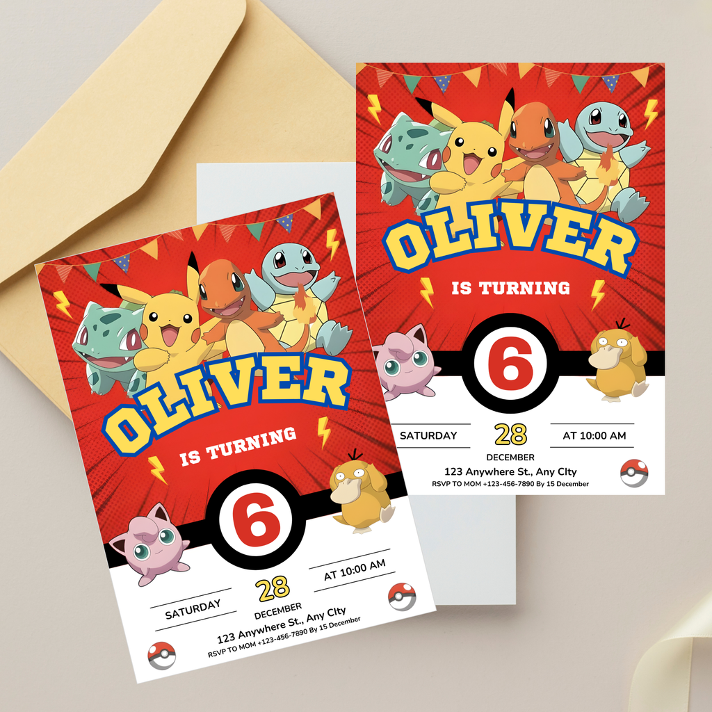 Pokemon birthday invitation with Pikachu theme