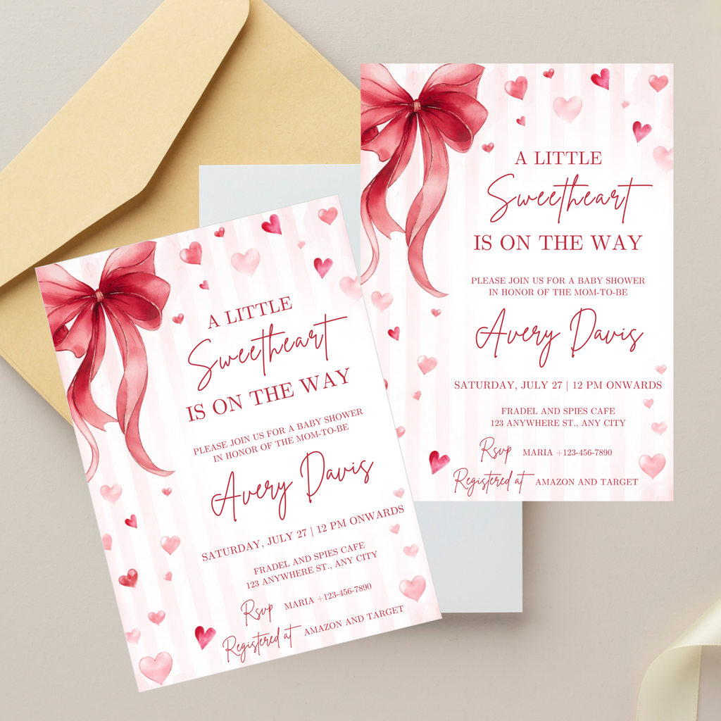 Little Sweetheart Baby Shower Invitation with pink hearts and Valentine theme design