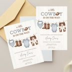 Cowboy baby shower invitation with rustic western theme, cowboy hat and boots design