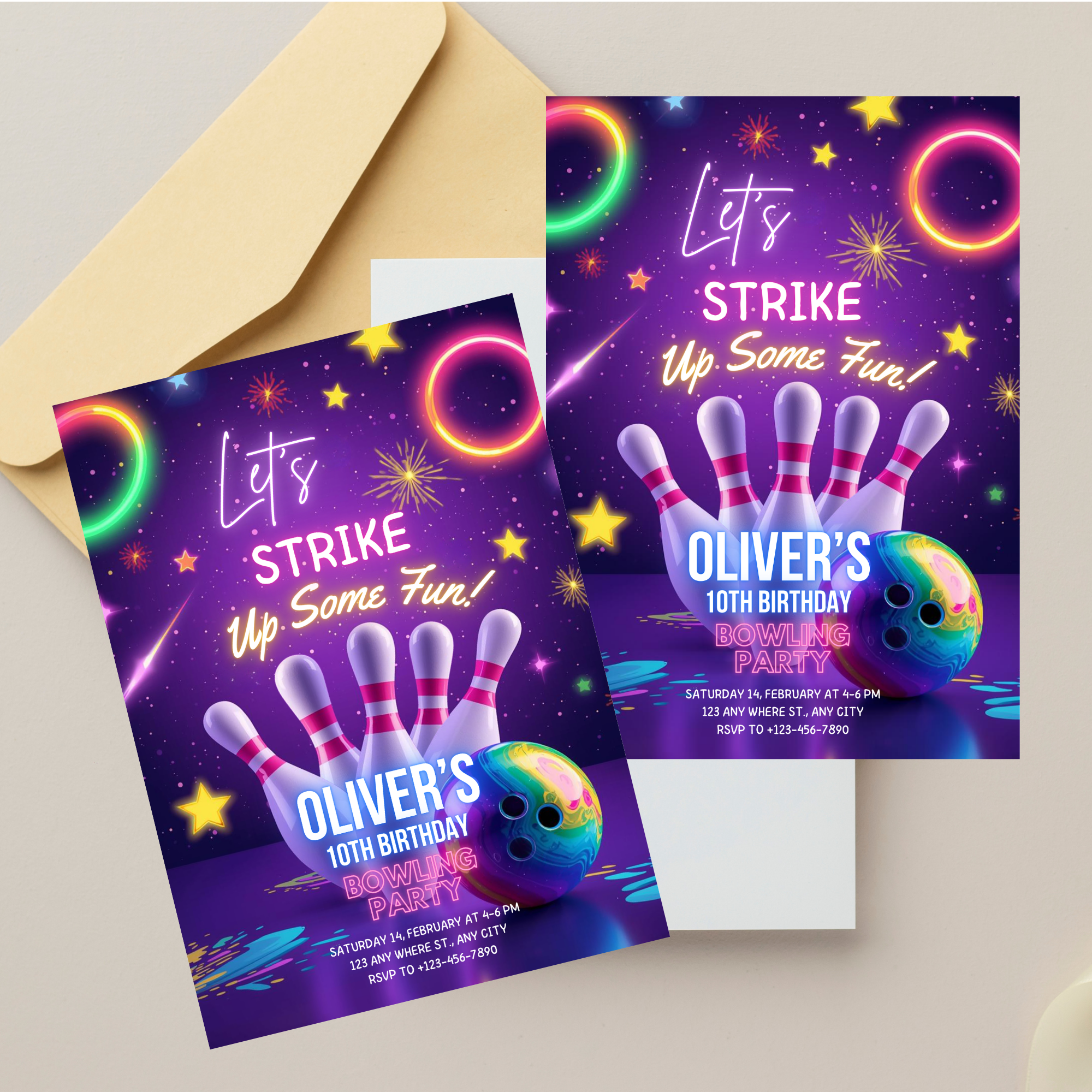 Kids bowling party invitation bright and playful design