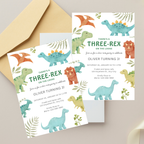 Three Rex Birthday Invitation with cute T-Rex illustration for a 3rd birthday party