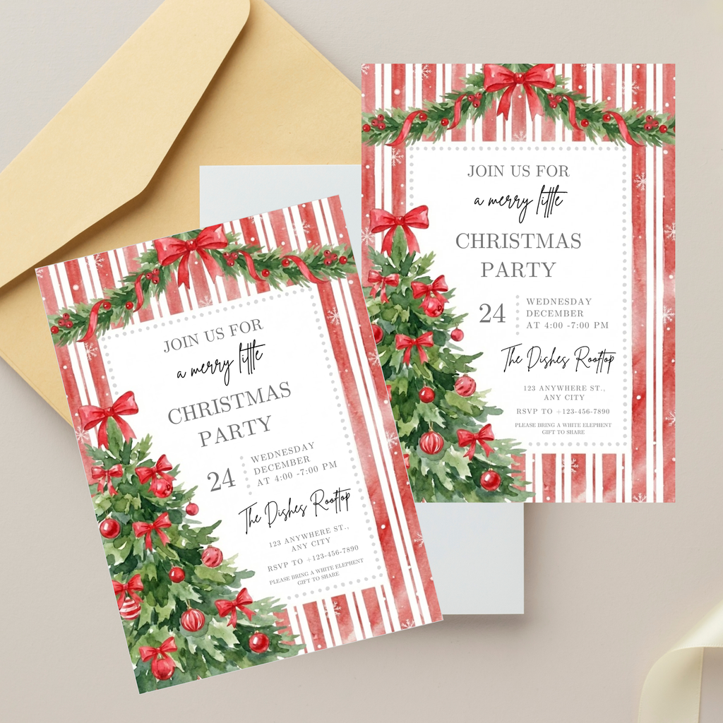Editable Red Bow Holiday Gathering Invitation Template