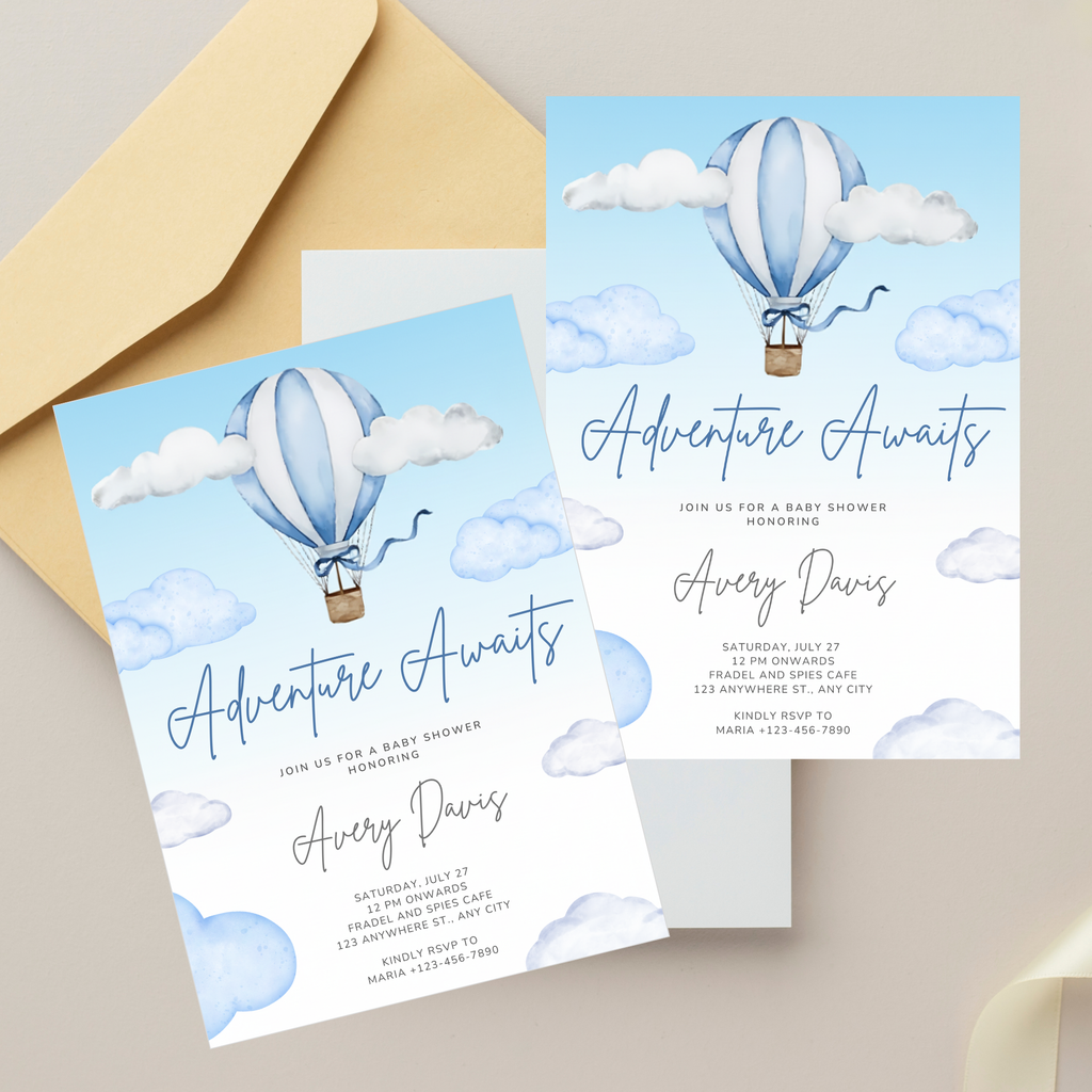 Adventure Awaits Baby Shower Invitation Air Balloon Up with pastel hot air balloons