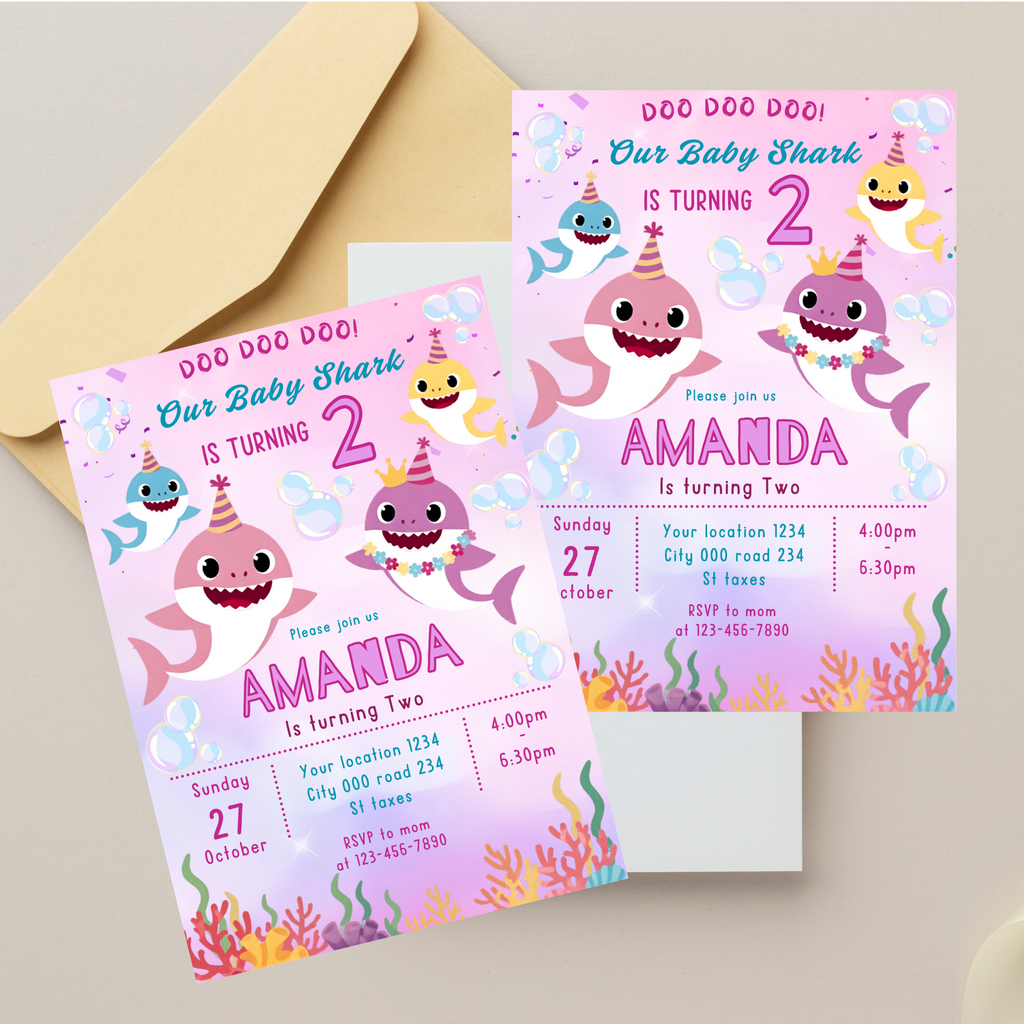 Under the sea Baby Shark birthday invitation printable card