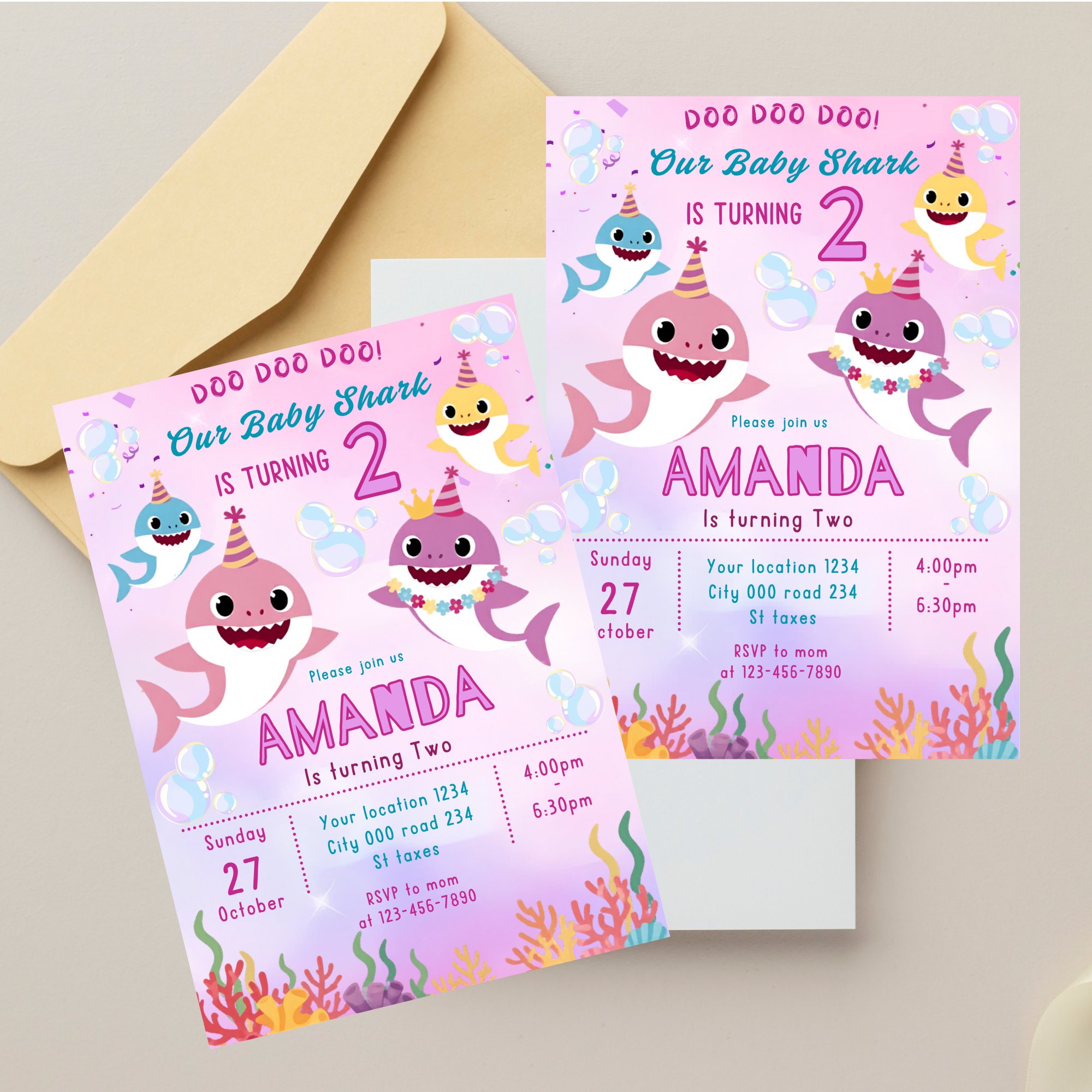 Under the sea Baby Shark birthday invitation printable card