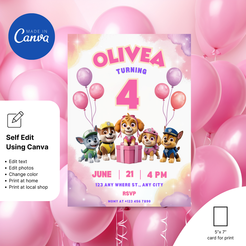 Pink Paw Patrol Digital Invitation for Girls