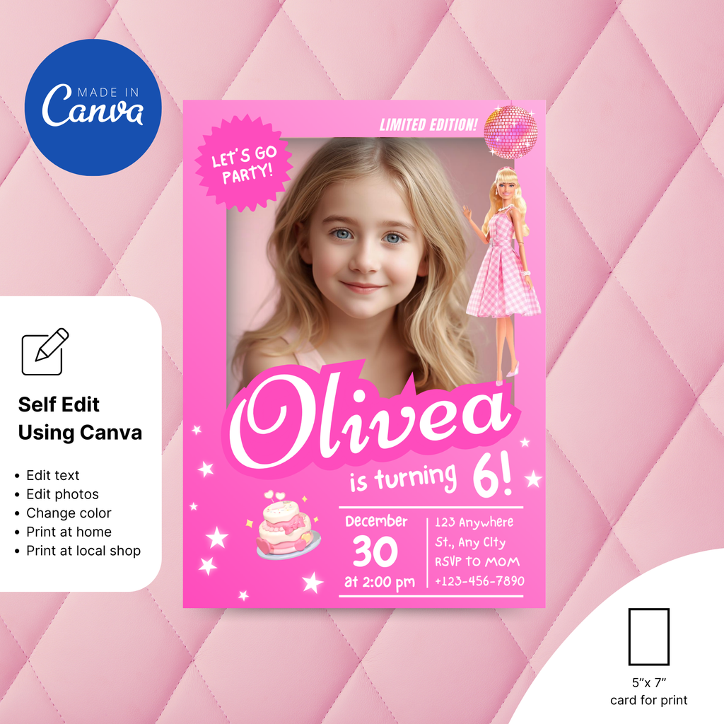Barbie invitation template in pink glam style with editable text layout for a Barbie themed birthday party