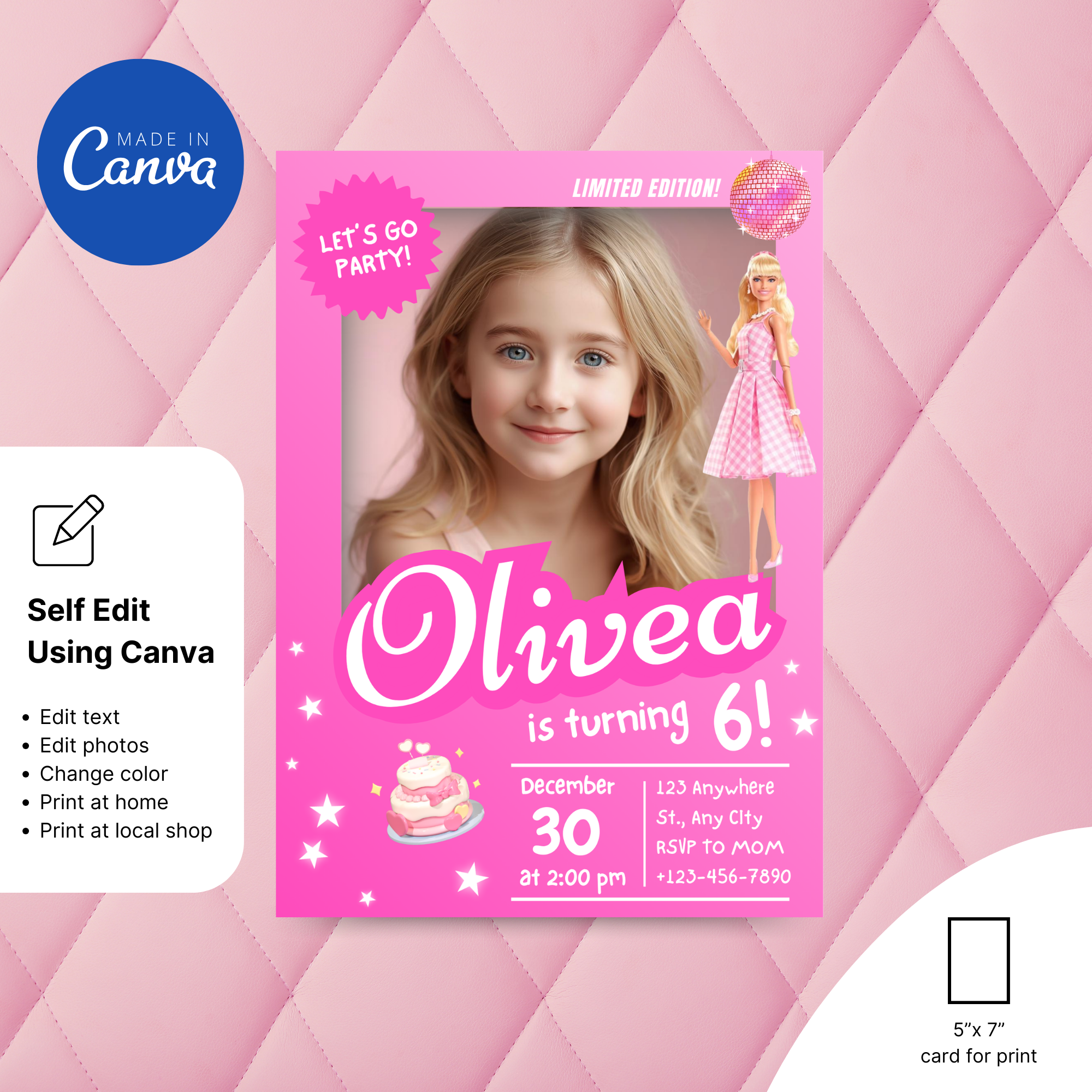 Barbie invitation template in pink glam style with editable text layout for a Barbie themed birthday party