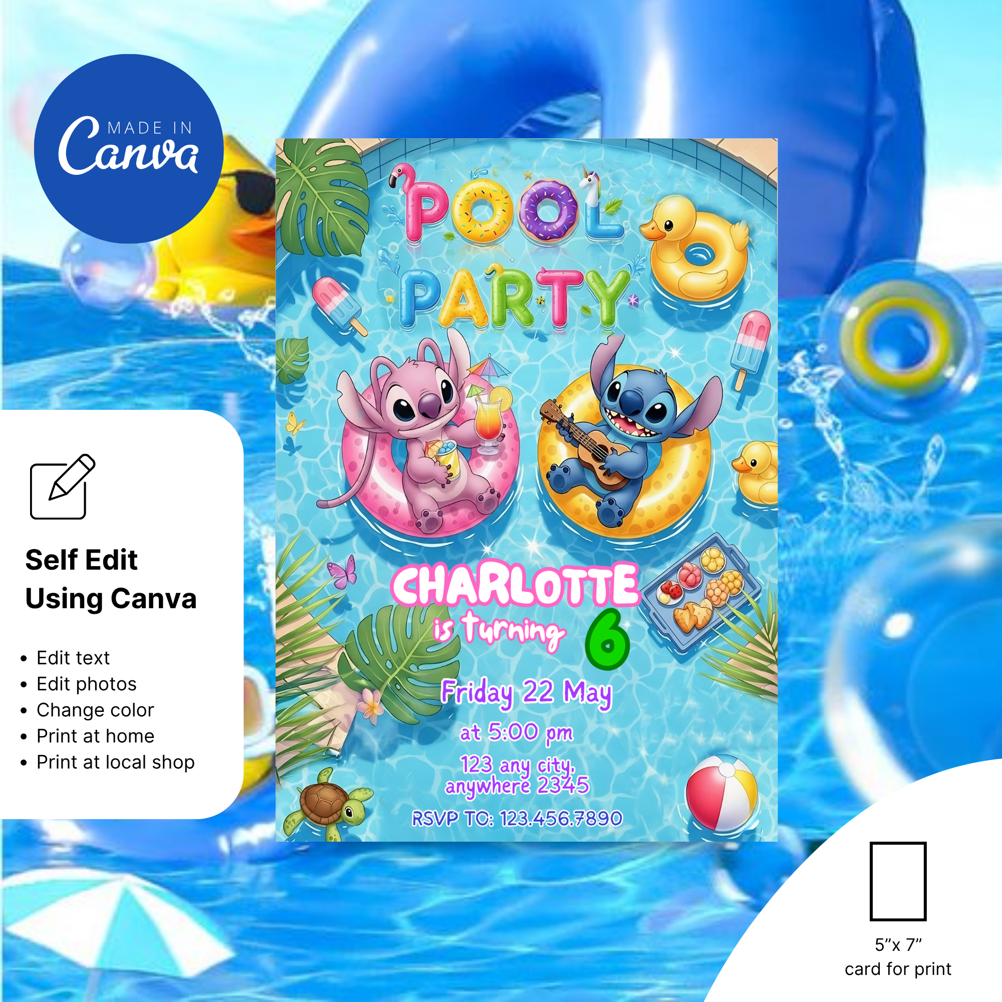 Editable Canva Stitch summer birthday invitation