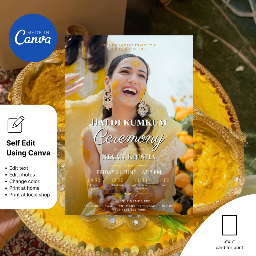 Traditional Haldi Kumkum Invitation with marigold and diya design