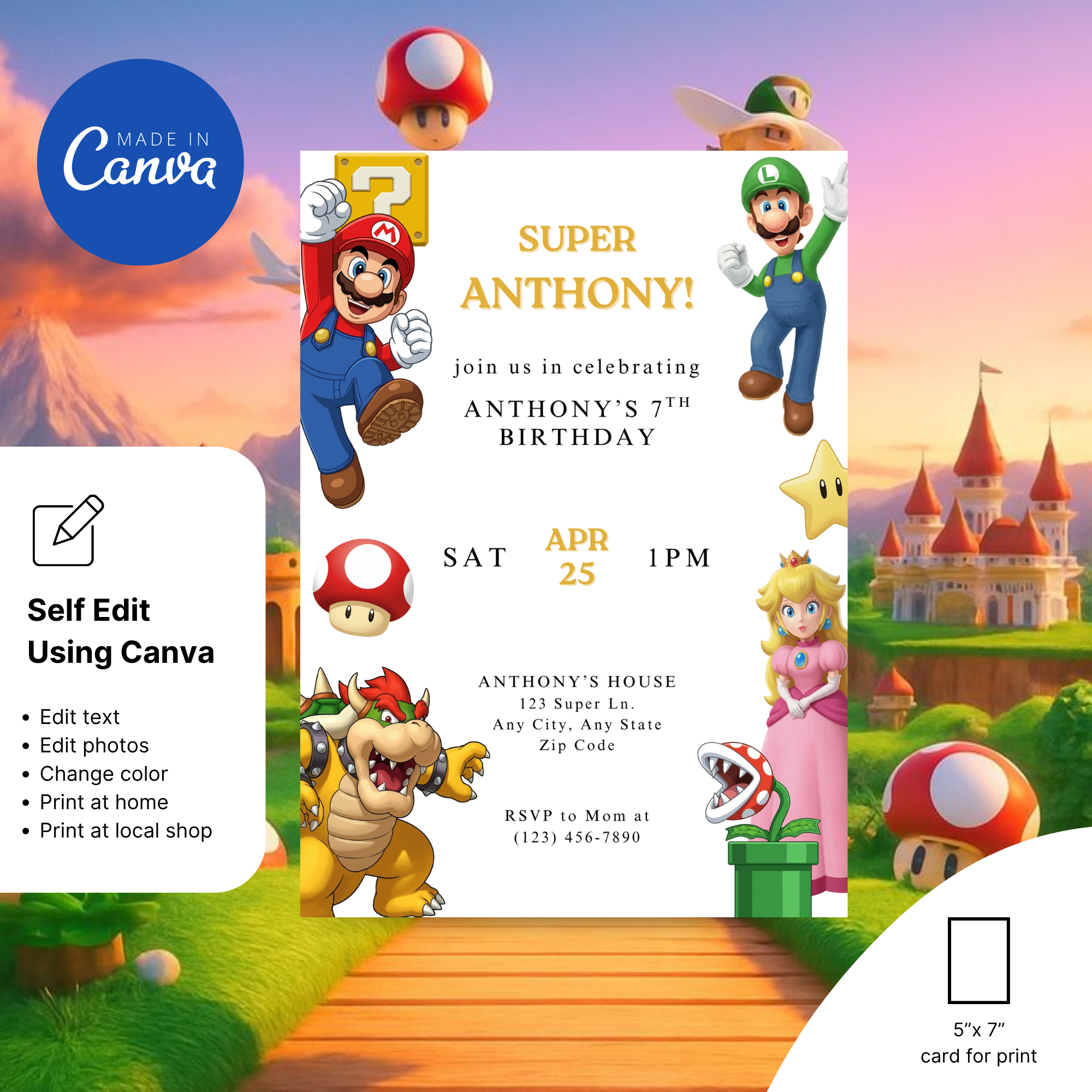 Super Mario birthday invitation for boys and girls party theme