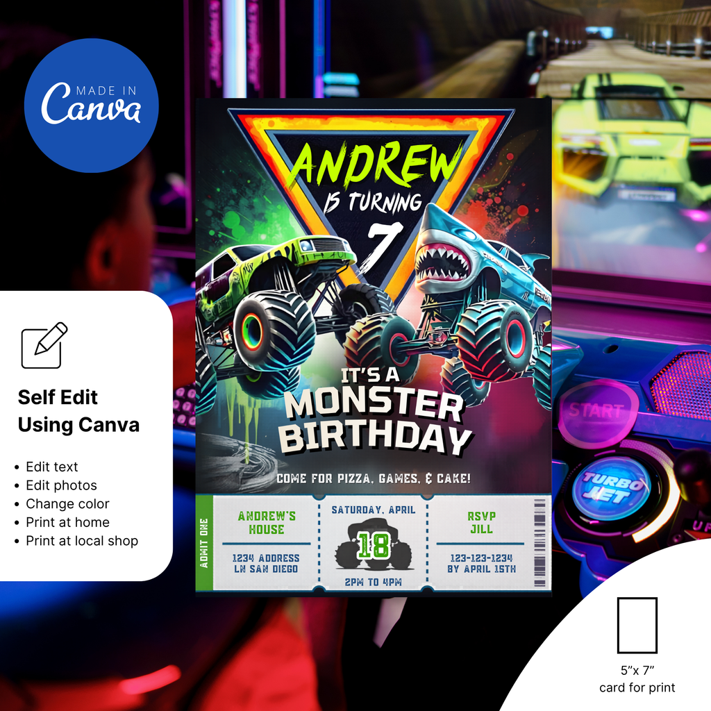 digital monster truck birthday invite download