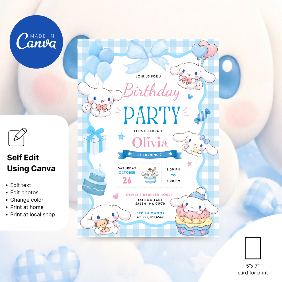 Kawaii birthday invitation printable Canva template