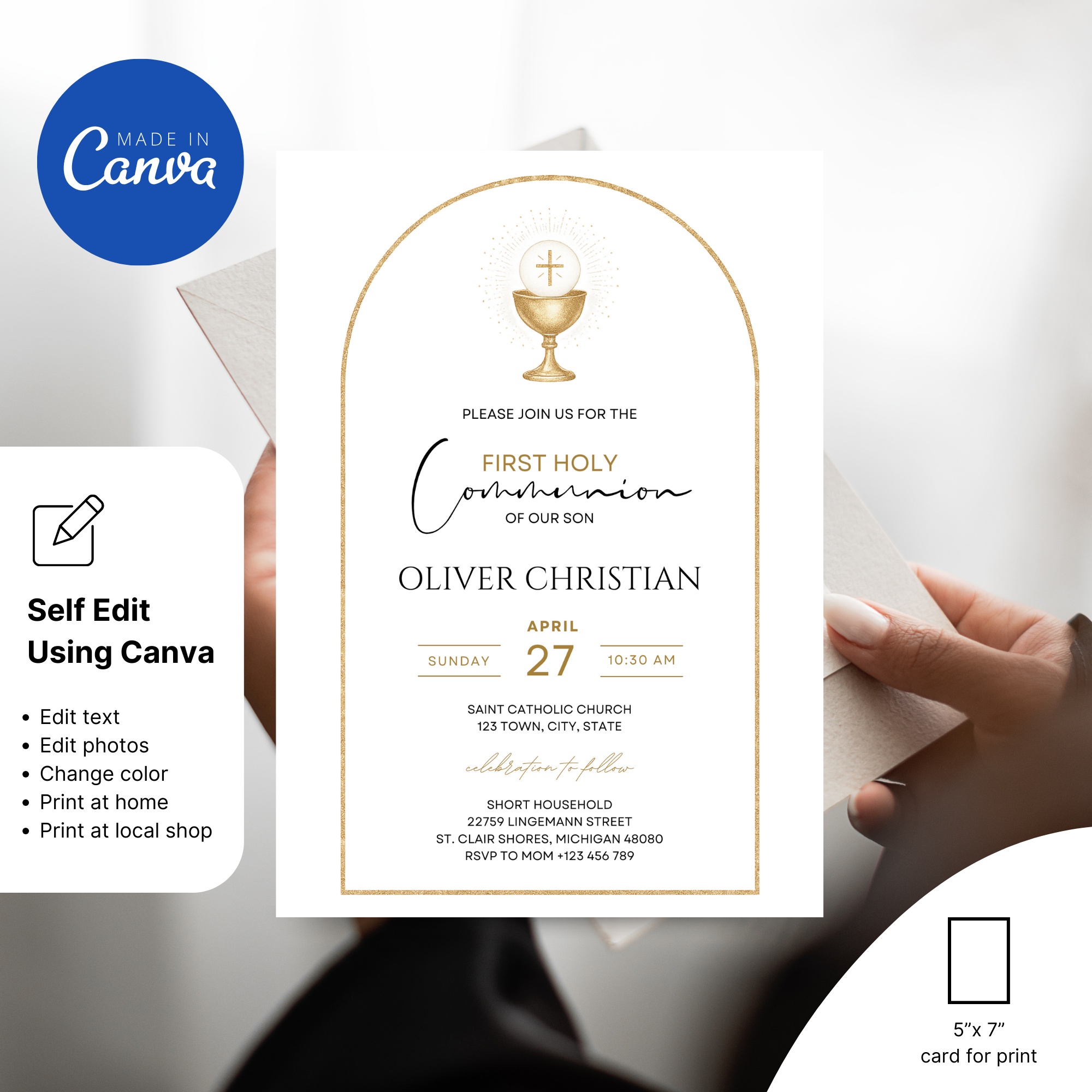 Elegant First Holy Communion invitation with soft neutral colors and religious design