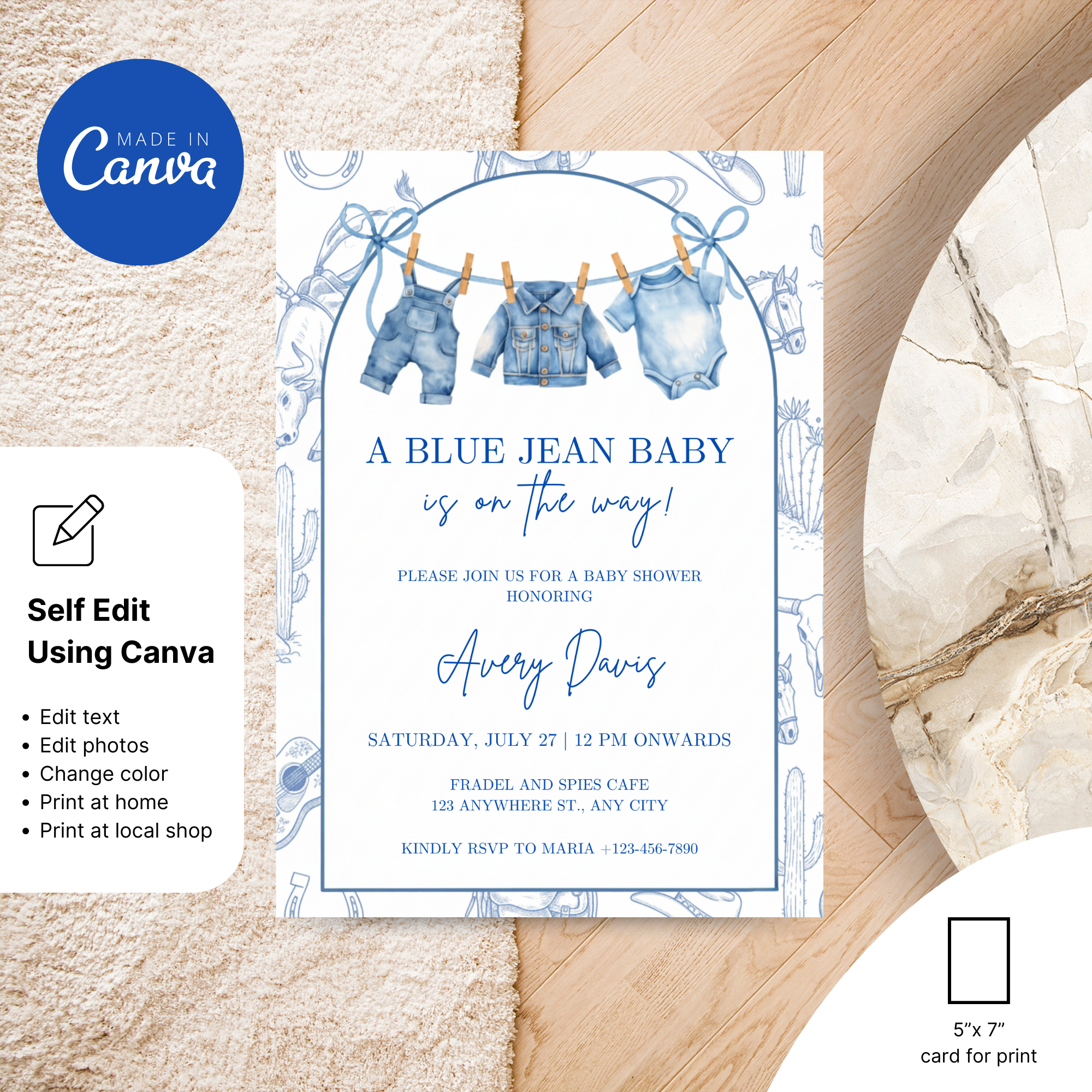 Blue Jean Baby Shower Invitation with denim texture and blue tones