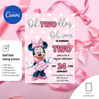 Editable Oh Twodles birthday invitation Canva template with pink bow and mouse design