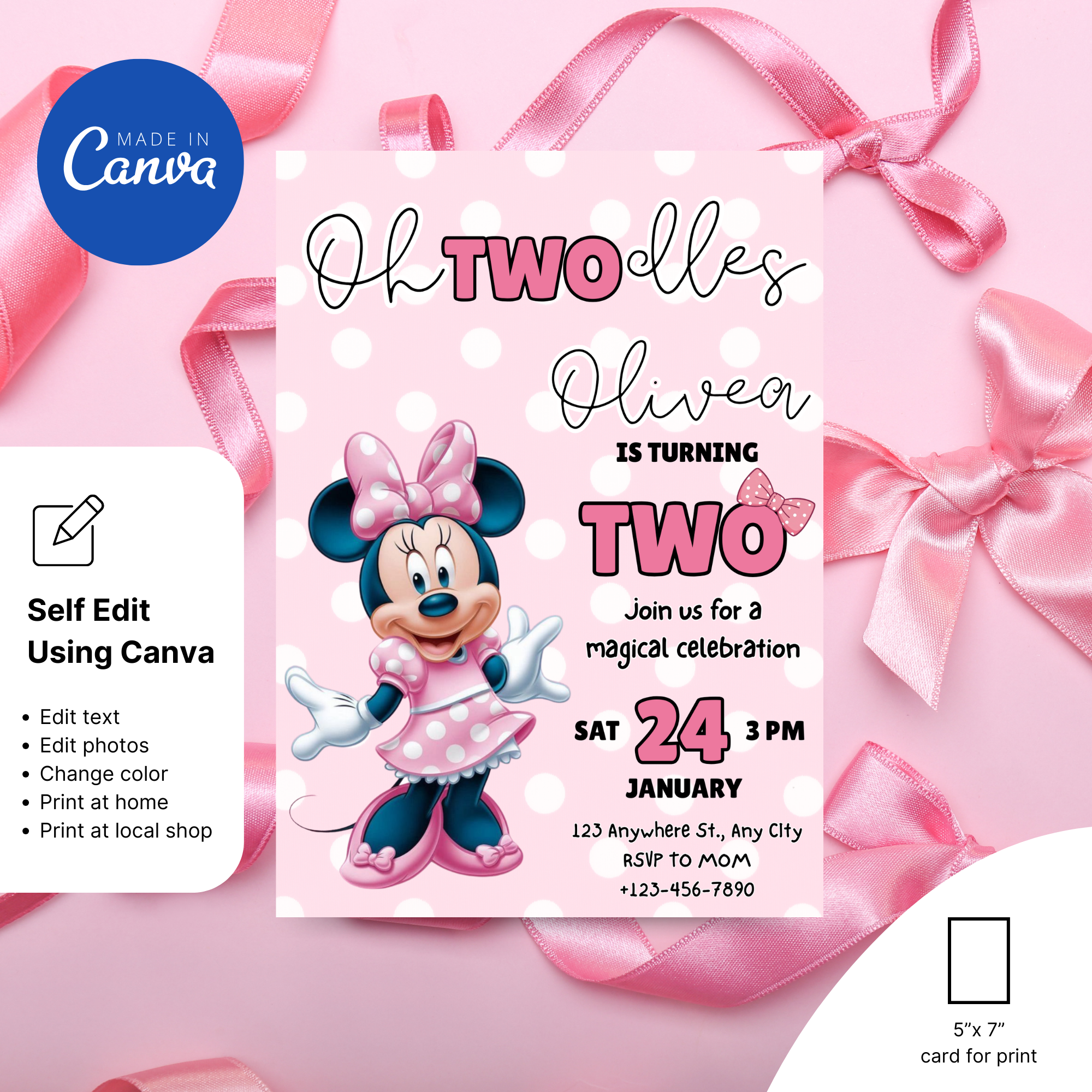 Editable Oh Twodles birthday invitation Canva template with pink bow and mouse design