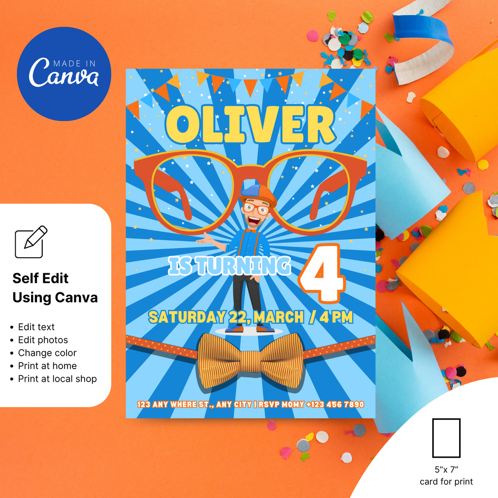 Digital Blippi birthday invitation for boy template