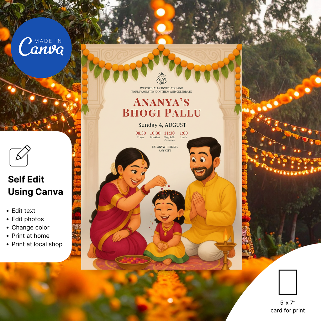 Bhogi Pallu invitation with traditional South Indian festive design