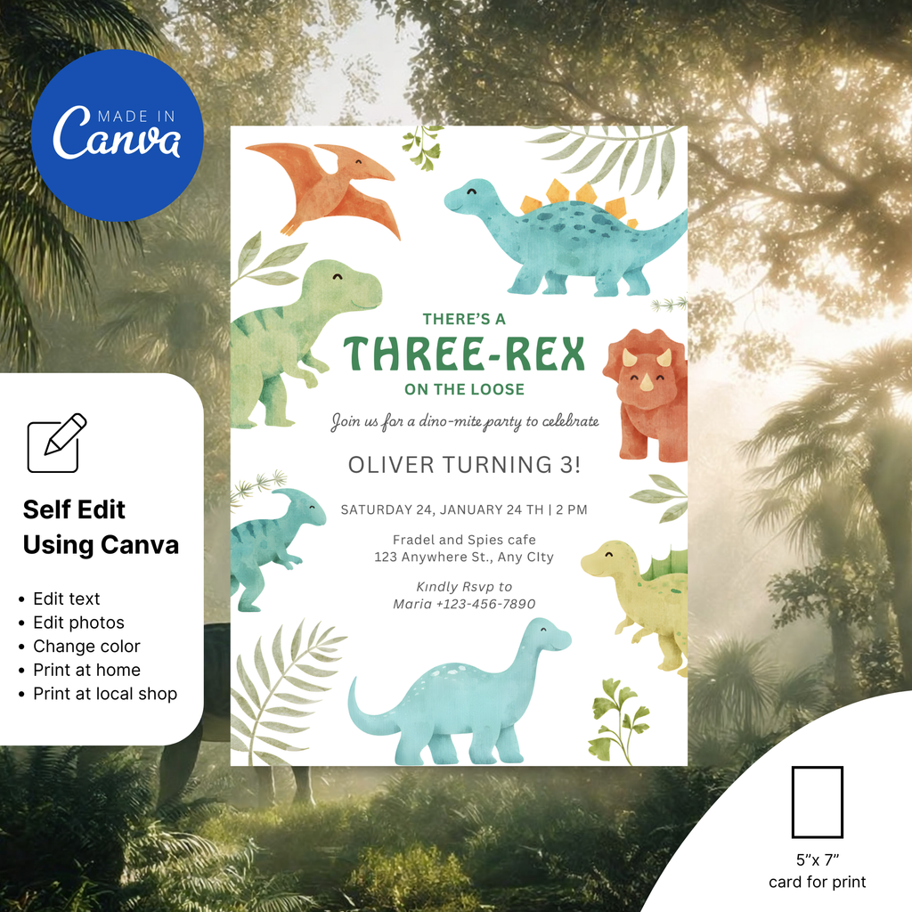 Three Rex Birthday Invitation with cute T-Rex illustration for a 3rd birthday party