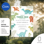 Three Rex Birthday Invitation with cute T-Rex illustration for a 3rd birthday party