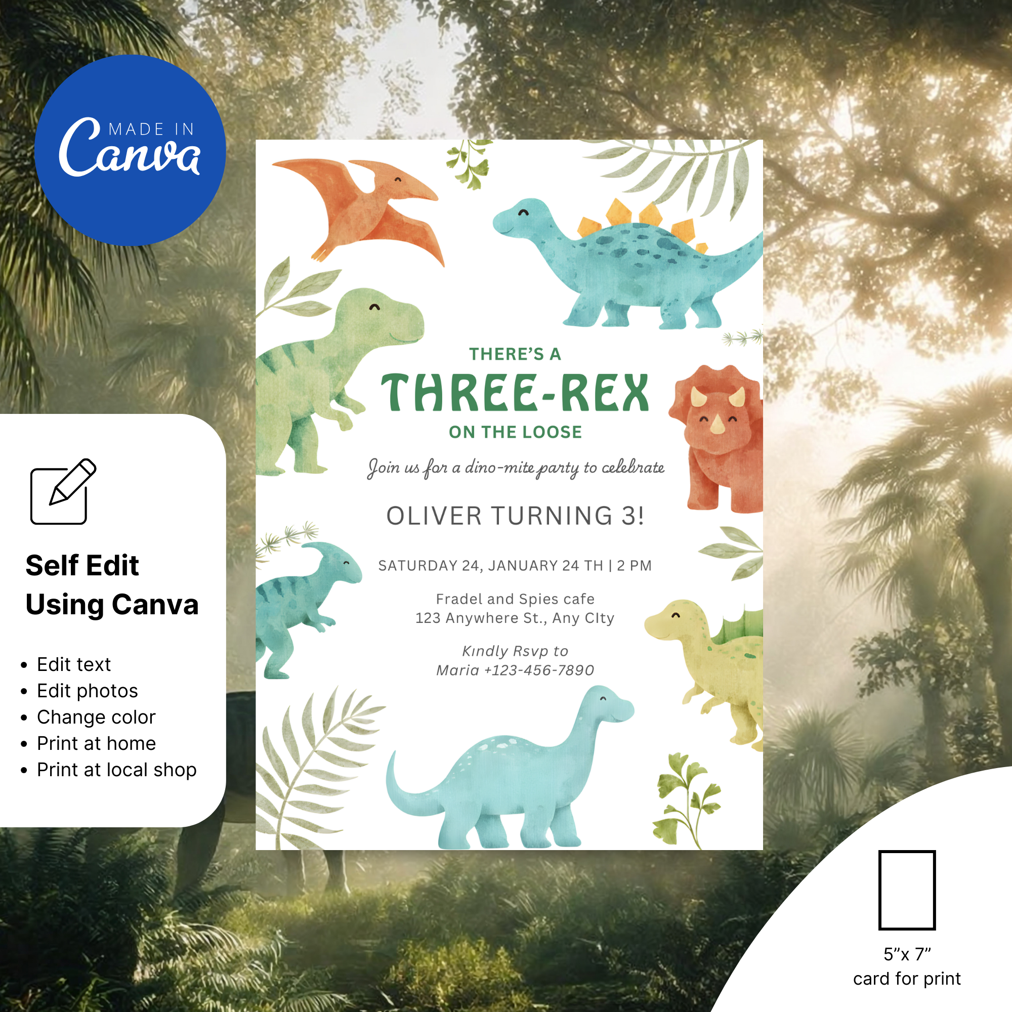 Three Rex Birthday Invitation with cute T-Rex illustration for a 3rd birthday party