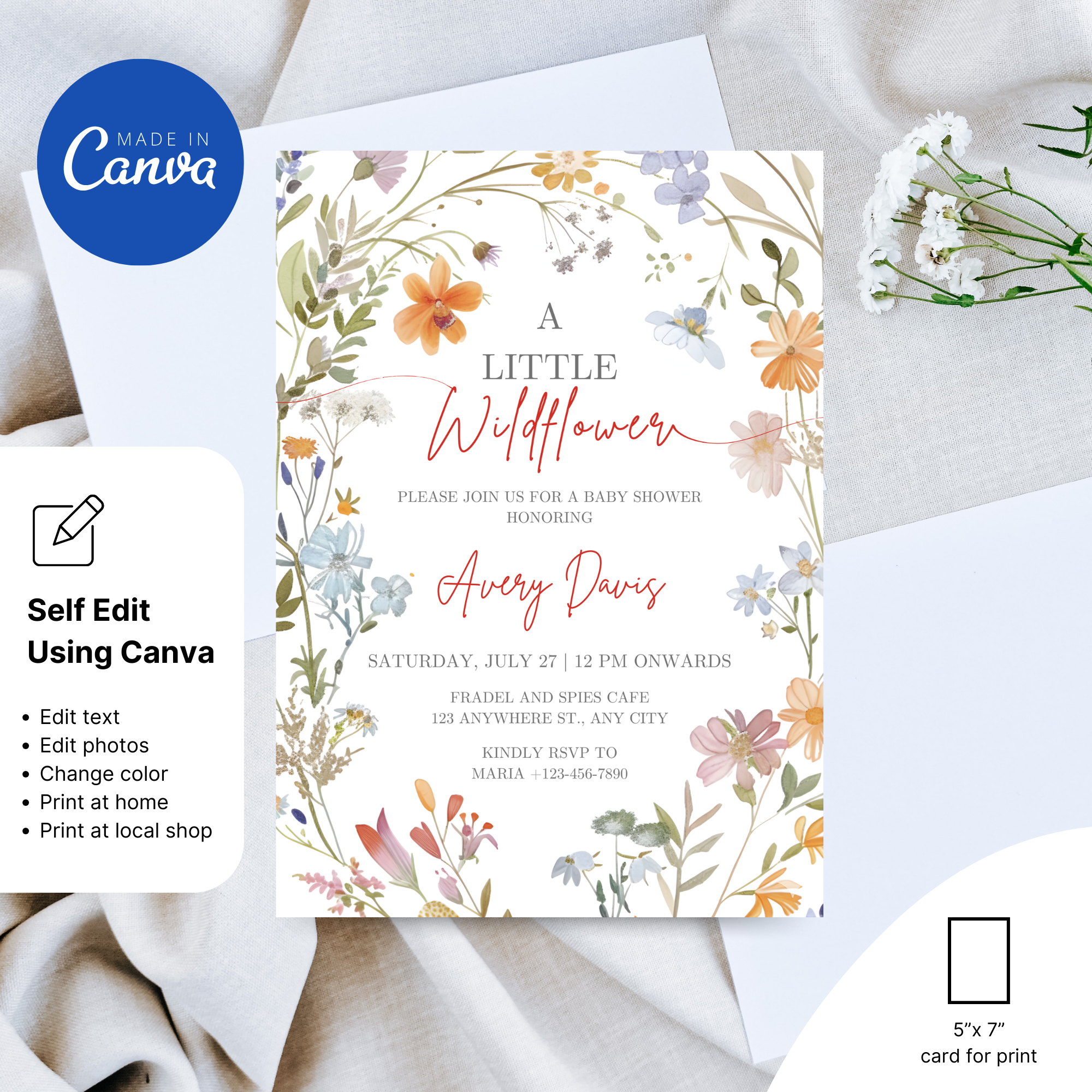 A Little Wildflower Baby Shower Invitation with soft watercolor flowers and greenery