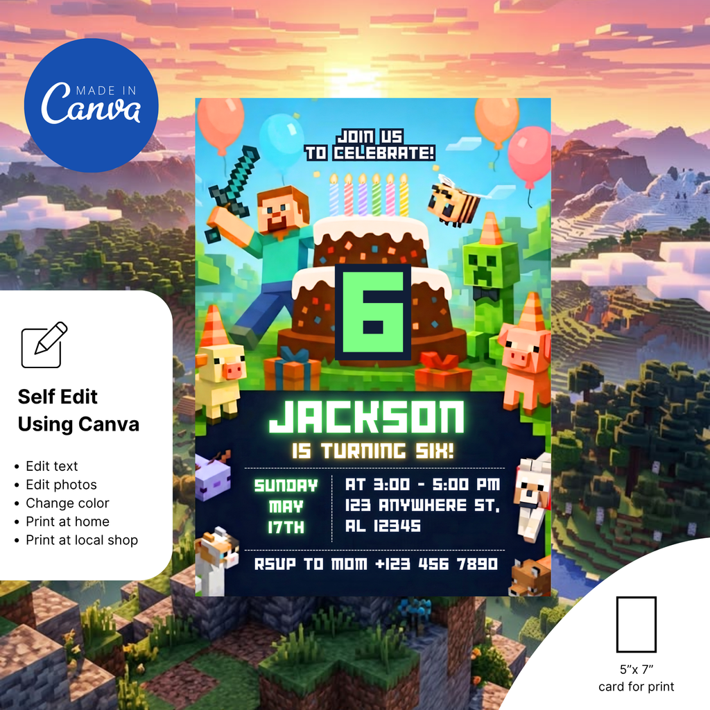 Minecraft birthday invitation for boys and girls