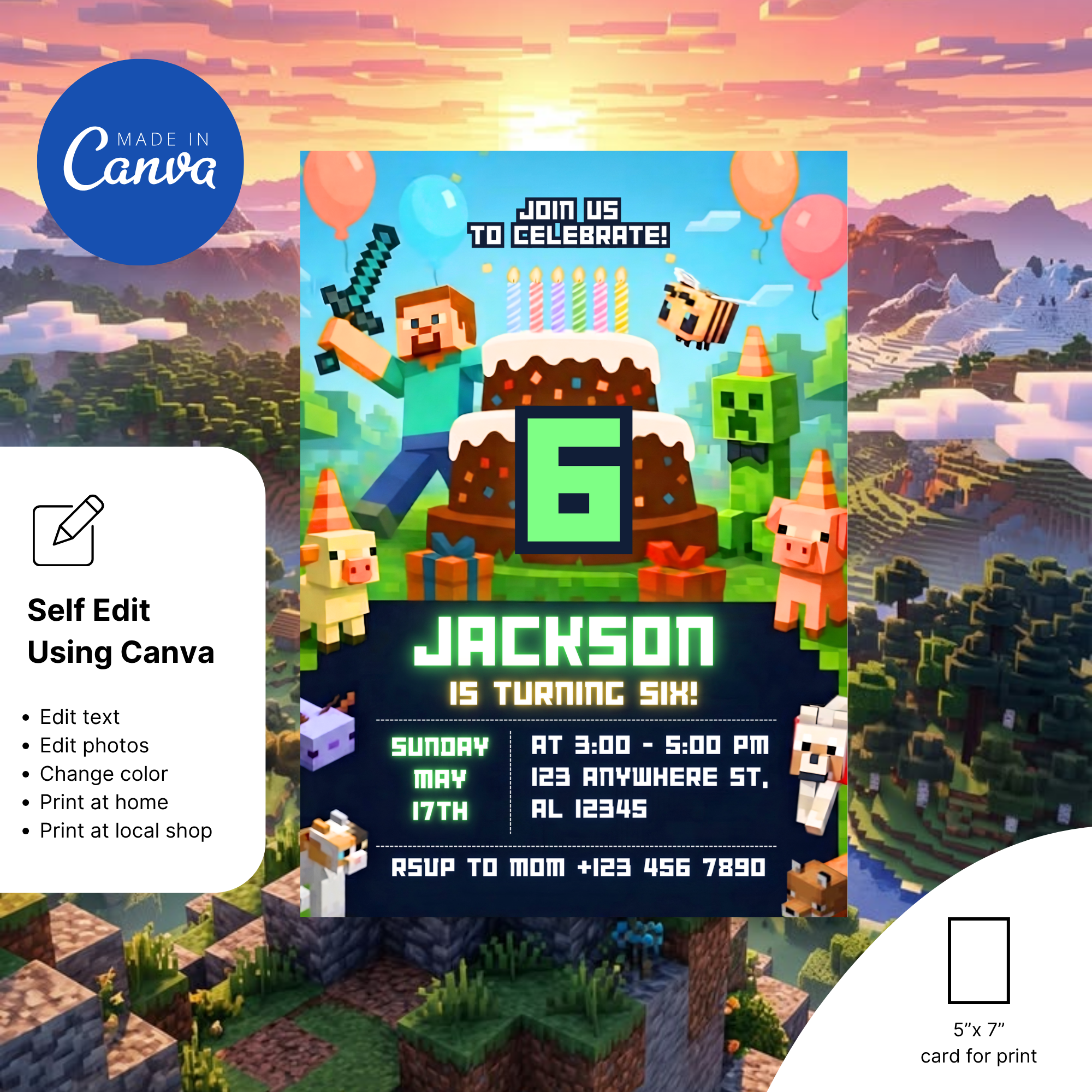 Minecraft birthday invitation for boys and girls