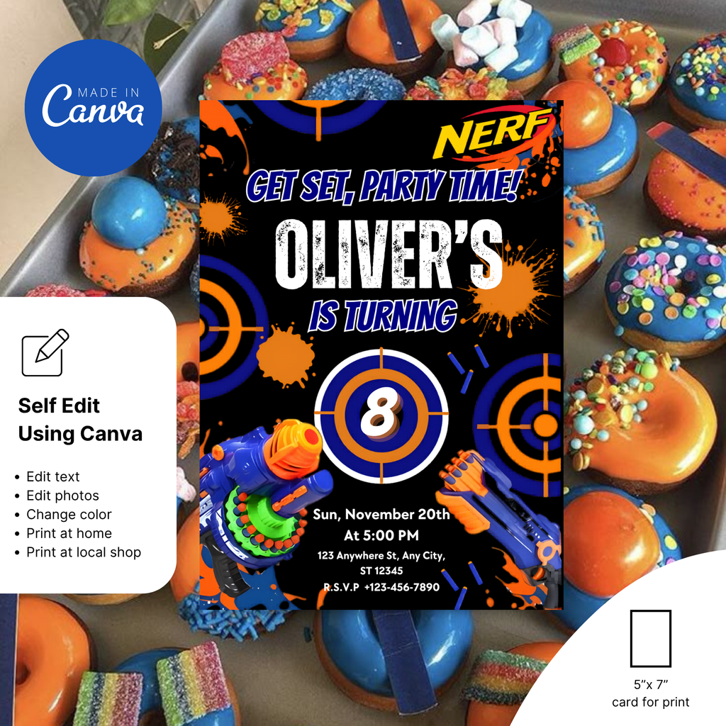 colorful nerf birthday party invite design