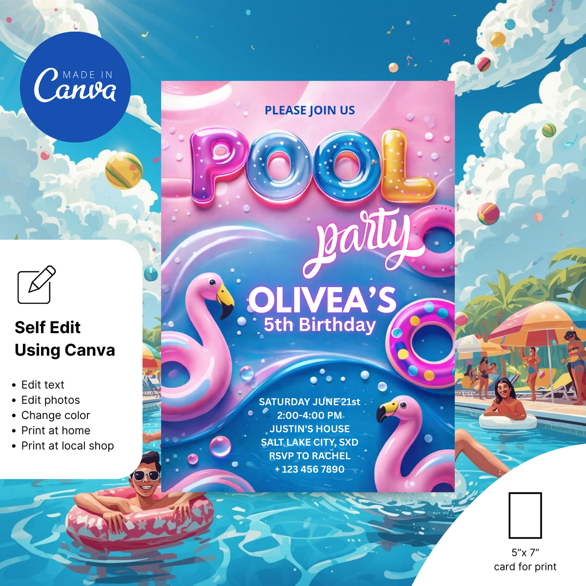 Pool Party Invitation Template | Editable Canva Invite – Earthyprints