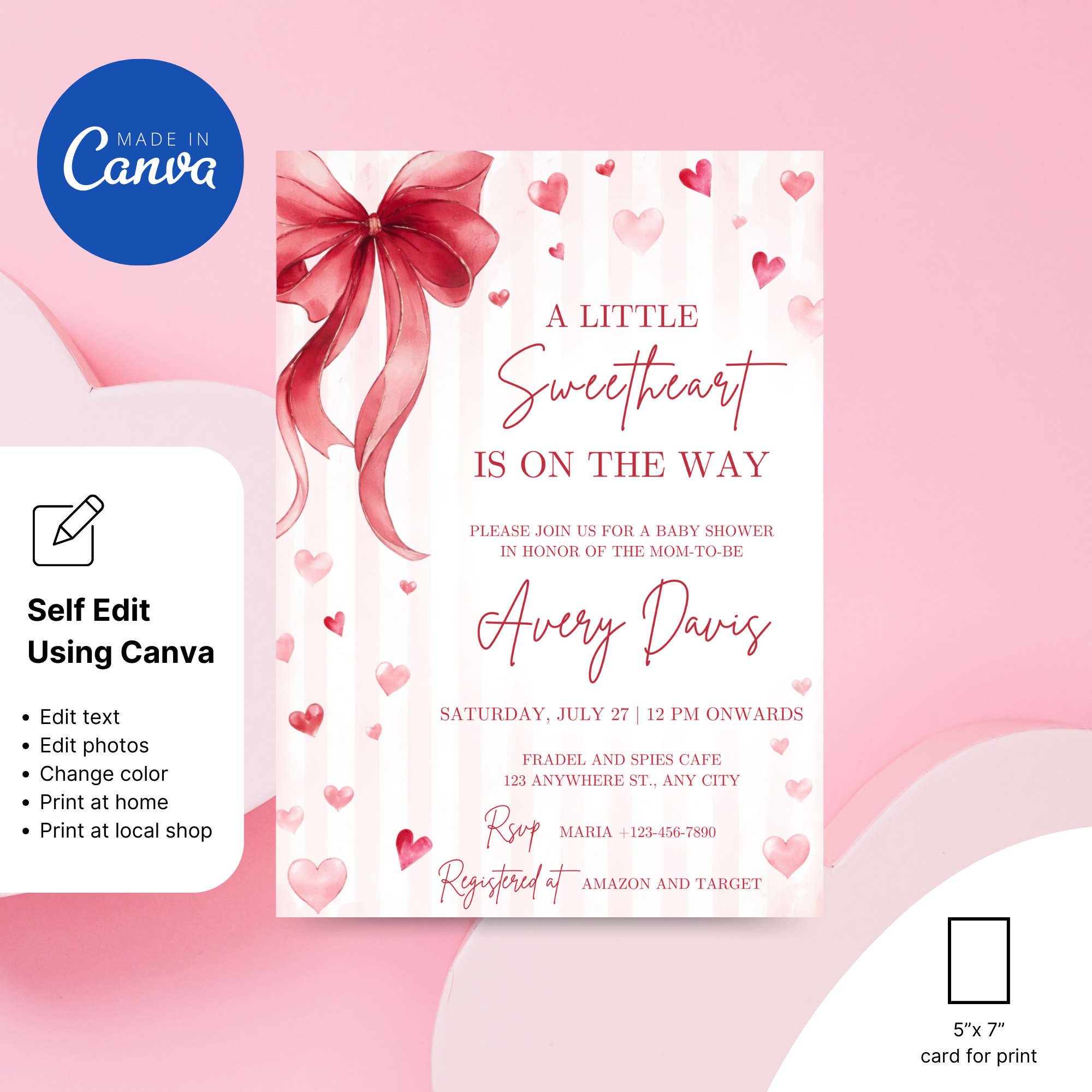 Little Sweetheart Baby Shower Invitation with pink hearts and Valentine theme design