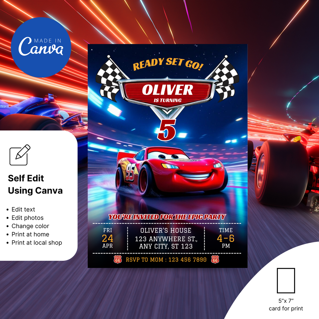 Cars movie birthday invite red and yellow racing theme